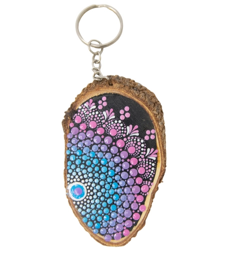 Wooden Keychain Adorned with Colorful Mandala Drawings - Green