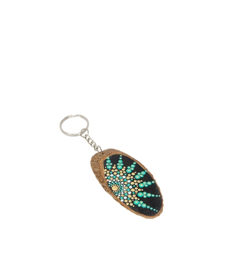 Wooden Keychain Adorned with Colorful Mandala Drawings - Green