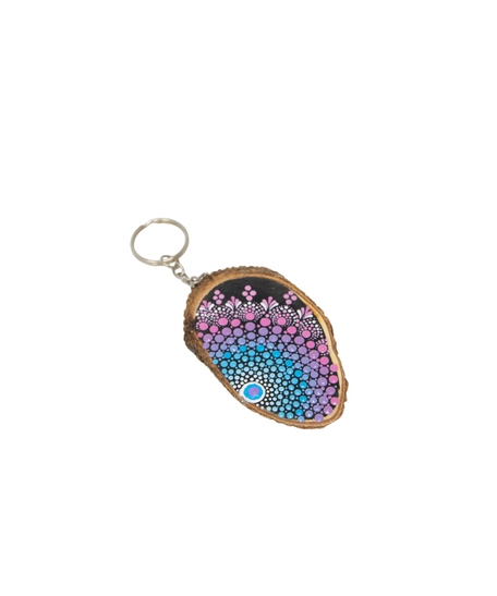 Wooden Keychain Adorned with Colorful Mandala Drawings - Green