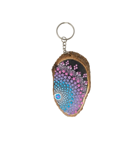 Wooden Keychain Adorned with Colorful Mandala Drawings - Green