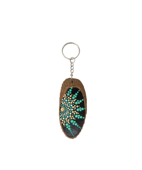 Wooden Keychain Adorned with Colorful Mandala Drawings - Green