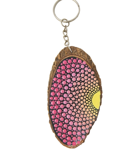 Wooden Keychain Adorned with Colorful Mandala Drawings - Green