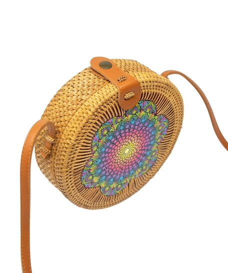 Straw Circular Bag Adorned with Colorful Mandala Patterns