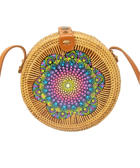 Straw Circular Bag Adorned with Colorful Mandala Patterns