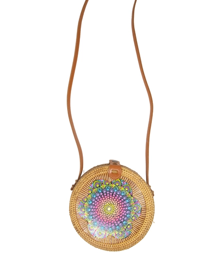 Straw Circular Bag Adorned with Colorful Mandala Patterns