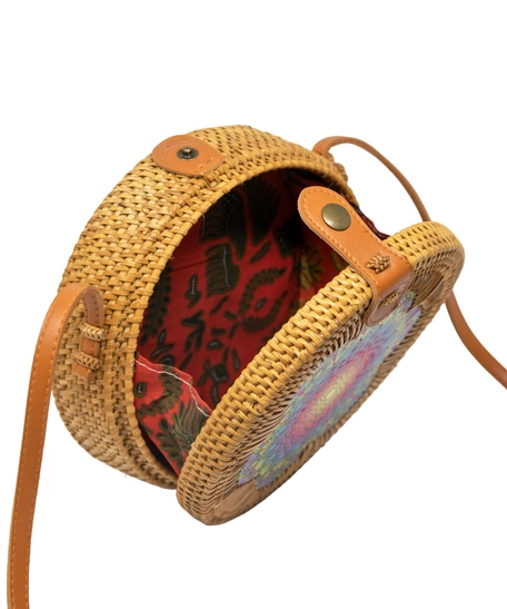 Straw Circular Bag Adorned with Colorful Mandala Patterns