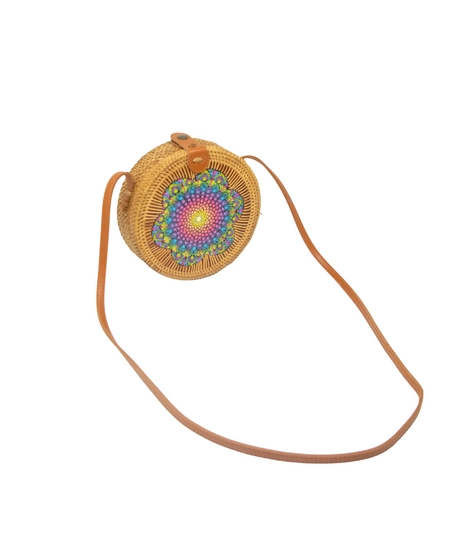 Straw Circular Bag Adorned with Colorful Mandala Patterns