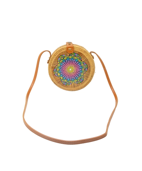 Straw Circular Bag Adorned with Colorful Mandala Patterns