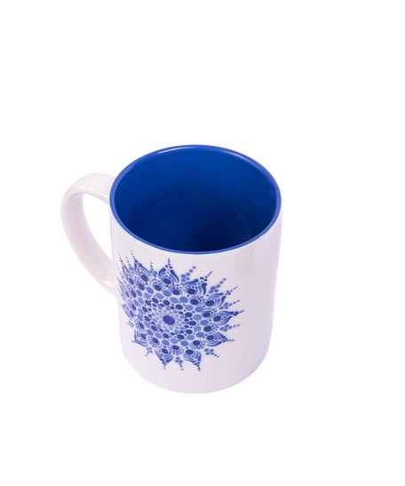 White Ceramic Mug Adorned with Mandala Drawings - Blue