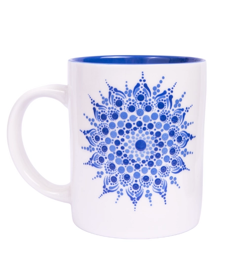 White Ceramic Mug Adorned with Mandala Drawings - Blue