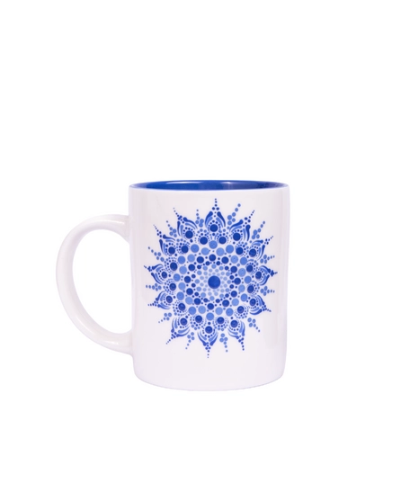 White Ceramic Mug Adorned with Mandala Drawings - Blue