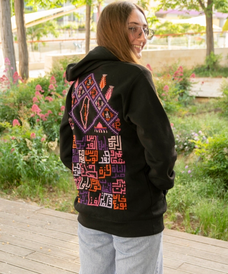 Black Hoodie with Hand Embroideries of Palestinian Map and Names of Its Cities