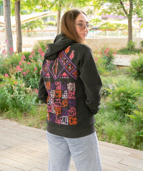 Gray Hoodie with Hand Embroideries of Palestinian Map and Names of Its Cities