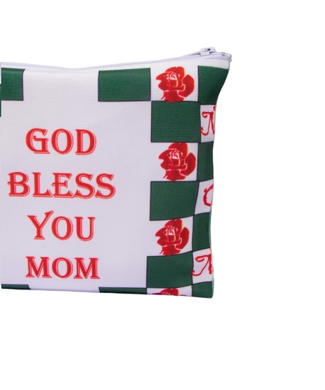 White Handmade Purse Decorated with Red Roses Drawings and the Phrase "God Bless You Mom"