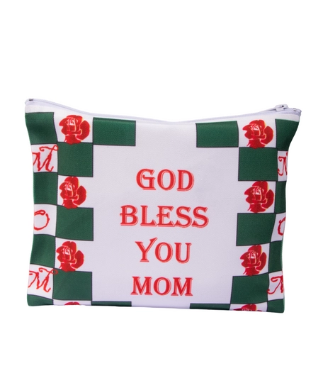 White Handmade Purse Decorated with Red Roses Drawings and the Phrase "God Bless You Mom"