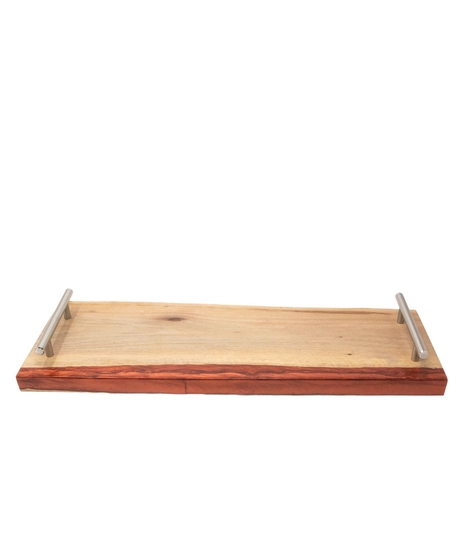 Large Wooden Serving Trivet with Silver Handles