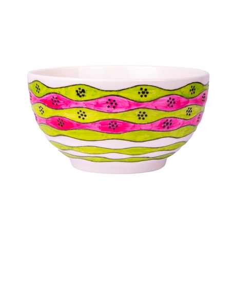 Small White Ceramic Bowl Adorned with Colorful Hand-drawn Patterns on the Outside and a Flower on the Inside