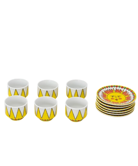 White Ceramic Coffee Set of Cups & Saucers with Yellow patterns and Drawings of The Sun