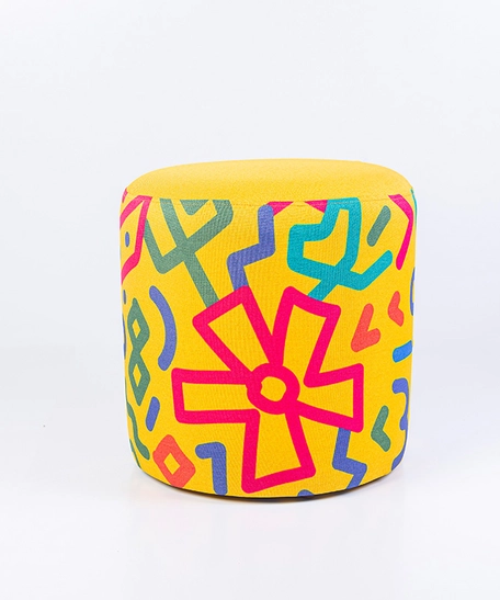 Yellow Ottoman Pouf with Colorful Patterns