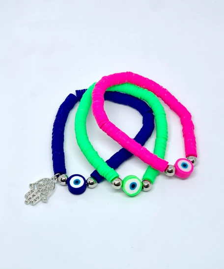 Colorful Set of 3 Wristbands Adorned with Beautiful Blue Bead