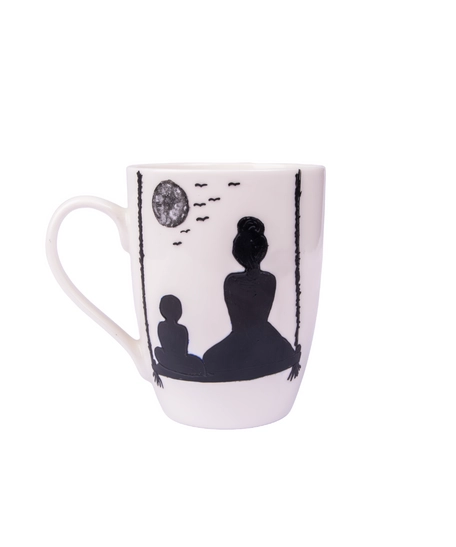 White Ceramic Mug with Hand-drawn Silhouette of a Mother and Son