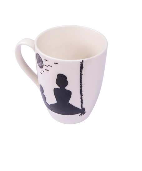 White Ceramic Mug with Hand-drawn Silhouette of a Mother and Son