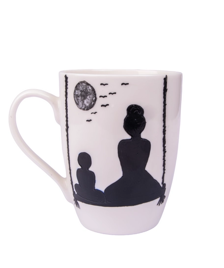 White Ceramic Mug with Hand-drawn Silhouette of a Mother and Son