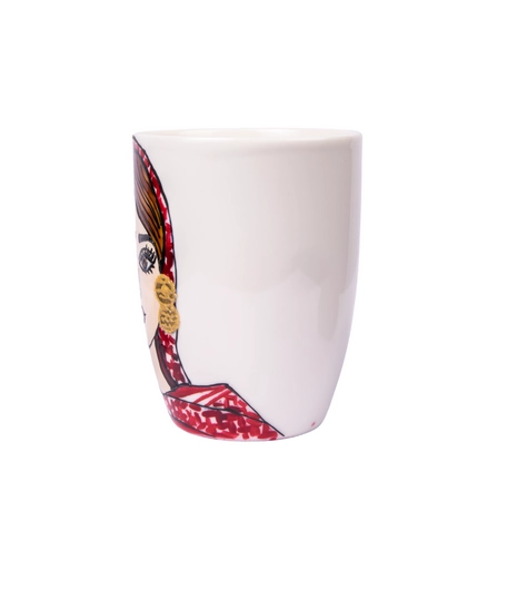 A Large white Mug With a Picture of a Girl Wearing Jordanian Shemagh