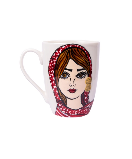 A Large white Mug With a Picture of a Girl Wearing Jordanian Shemagh