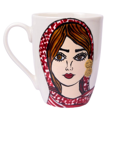 A Large white Mug With a Picture of a Girl Wearing Jordanian Shemagh