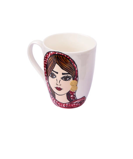 A Large white Mug With a Picture of a Girl Wearing Jordanian Shemagh