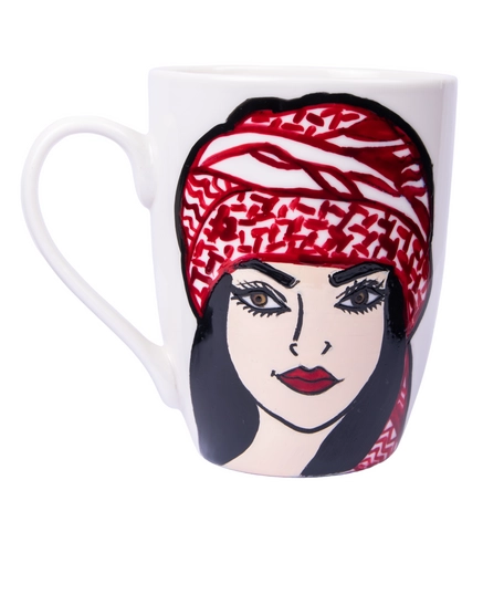 White Ceramic Mug Adorned with Hand-drawn Picture of A Girl Wearing Red Shemagh