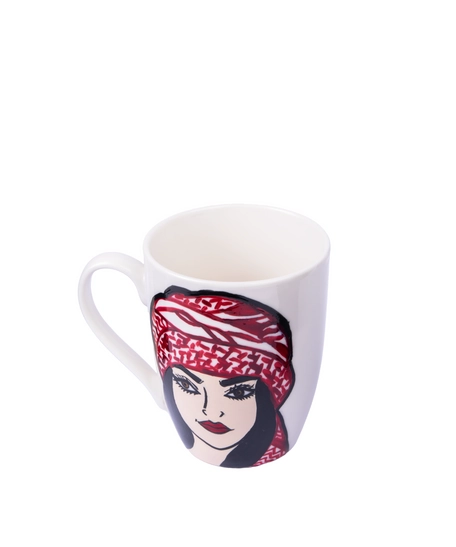 White Ceramic Mug Adorned with Hand-drawn Picture of A Girl Wearing Red Shemagh