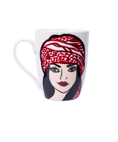 White Ceramic Mug Adorned with Hand-drawn Picture of A Girl Wearing Red Shemagh