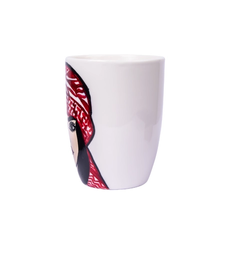 White Ceramic Mug Adorned with Hand-drawn Picture of A Girl Wearing Red Shemagh