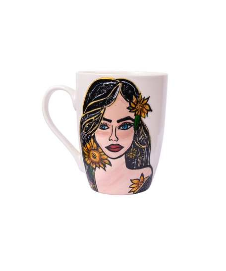 White Ceramic Mug with Hand Drawings of a Girl with Sunflowers