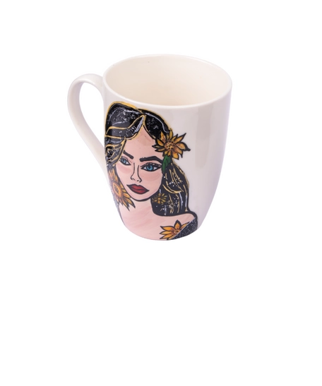 White Ceramic Mug with Hand Drawings of a Girl with Sunflowers