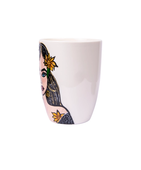 White Ceramic Mug with Hand Drawings of a Girl with Sunflowers