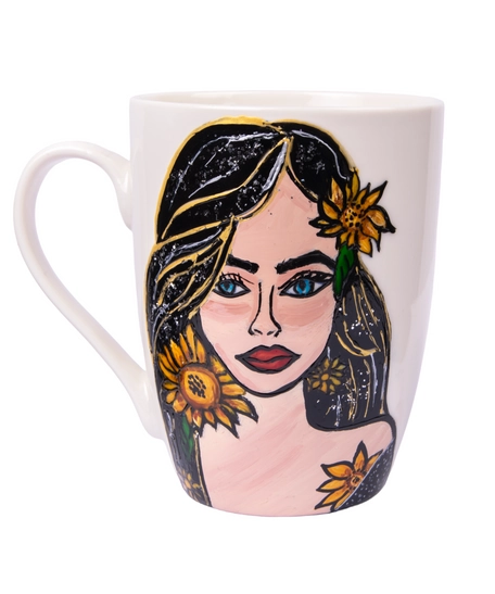 White Ceramic Mug with Hand Drawings of a Girl with Sunflowers