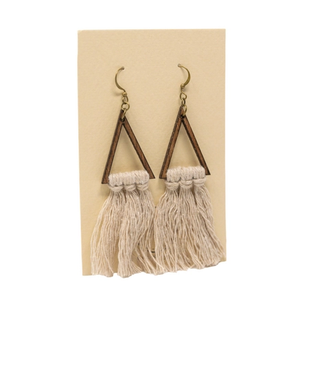 Long Triangle Shaped Earrings with Beige Tassels - Boho Chic