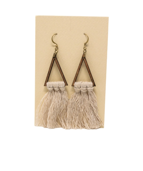 Long Triangle Shaped Earrings with Beige Tassels - Boho Chic