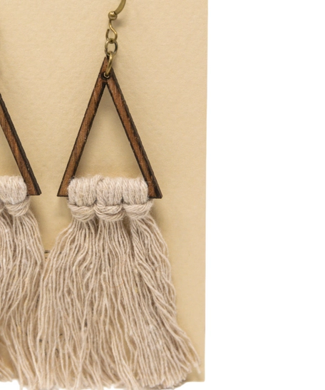 Long Triangle Shaped Earrings with Beige Tassels - Boho Chic