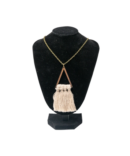 Bohemian Style Necklace of a Wooden Triangle with Beige Tassels