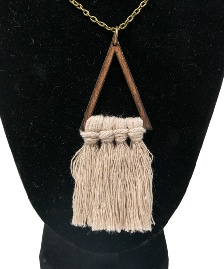 Bohemian Style Necklace of a Wooden Triangle with Beige Tassels