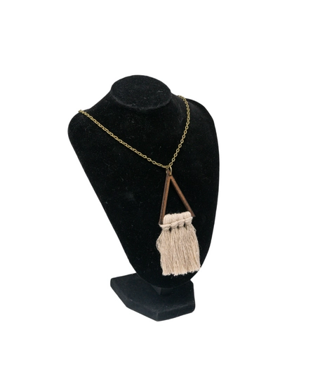 Bohemian Style Necklace of a Wooden Triangle with Beige Tassels