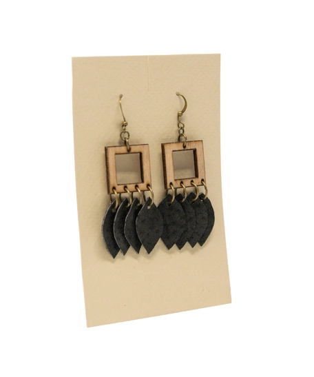 Unique Wooden Earrings with Metal Rings and Black Leaves