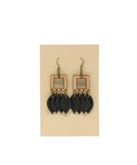 Unique Wooden Earrings with Metal Rings and Black Leaves