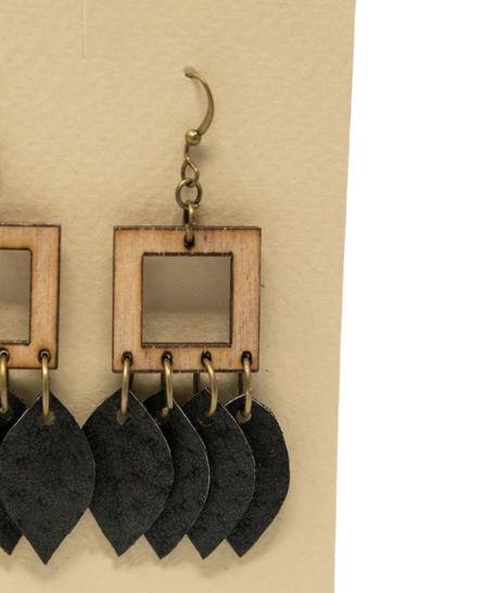 Unique Wooden Earrings with Metal Rings and Black Leaves