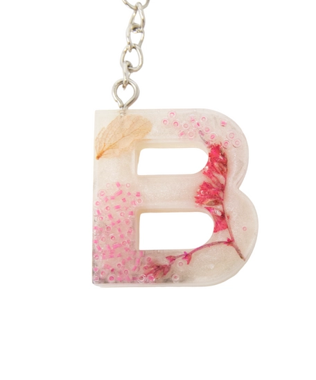 Letter B Resin Keychain with Dried Red Flowers