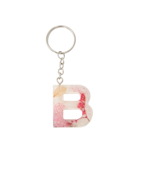 Letter B Resin Keychain with Dried Red Flowers